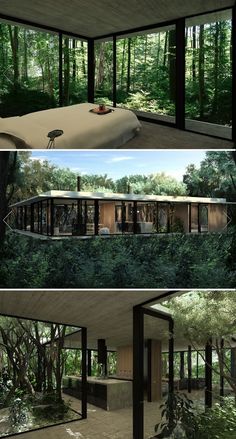 three different views of the inside and outside of a house in the woods with trees