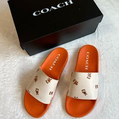 Coach Womens Udele Sport Pool Slides Sandals,Nwt New With Tags Size:10b Color: Chalk/ Brown Coach Brings Sporty Dimension To A Classic Slip-On Profile With Embossed Logo Details On The Effortless Udele Sport Slide Sandals. * Manmade * Manmade Sole * Wipe Clean * Imported Coach Casual Slip-on Sandals, Orange Slides For Summer, Trendy Orange Slip-on Sandals, Orange Synthetic Flat Heel Sandals, Orange Open Toe Slides For Spring, Spring Orange Slides, Orange Flat Slides For Spring, Trendy Orange Flat Sandals, Orange Flat Summer Sandals