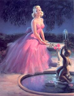 a painting of a woman in a pink dress next to a fountain