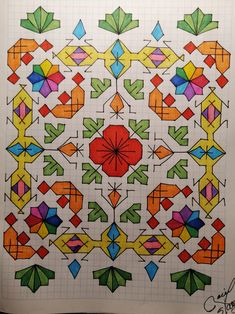 a drawing of an abstract design with many different colors and shapes on it's paper