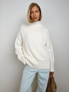 #Color_White High Neck Polo Sweater For Fall, White Turtleneck For Workwear In Fall, Stretch Solid Color Sweater For Workwear, Classic High Neck Sweater, Stretch Solid Color Sweater For Work, Trendy High Neck Turtleneck, Classic Solid Color Winter Sweater, Ribbed Collar Turtleneck For Fall, Classic Solid Color Sweater For Work