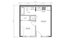 the floor plan for a studio apartment with an attached bathroom and living room, as well as