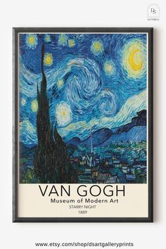 van gogh the starry night poster with an image of a city in the background