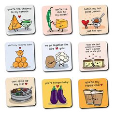 six coasters with different food items on them