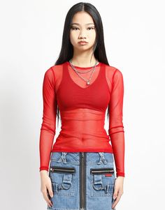 Edgy Mesh Top With Mesh Sleeves For Club, Red Long Sleeve Sheer Top, Summer Nylon Top With Sheer Sleeves, Trendy Crew Neck Mesh Top, Trendy Stretch Tops With Mesh Sleeves, Stretch Tops With Mesh Back For Night Out, Sheer Sleeve Nylon Top For Summer, Edgy Mesh Top For Club In Spring, Trendy Club Tops With Mesh Sleeves