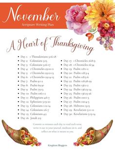 a thanksgiving poem with flowers on it and the words november written in orange, yellow and pink