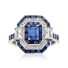 4.80 ct. t.w. Sapphire Ring with Diamond Accents in 14kt White Gold. Size 7 Diamond And Sapphire Ring, Bling Ideas, Blue Sapphire Jewelry, Sapphire Birthstone, Ring Sapphire, Ring With Diamond, Rose Engagement Ring, Halo Diamond Ring, Diamond Drops