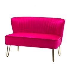 a pink couch sitting on top of a metal frame