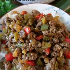 beef and pepper rice bowls on a plate