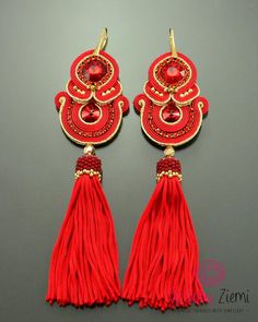 Long Red and gold tassel earrings red big soutache earrings | Etsy White Tassel Earrings, Gold Tassel Earrings, Red Coral Earrings, Soutache Necklace, Red Fringe, Smart Jewelry, Artisan Necklace, Gold Dangle Earrings, Soutache Earrings