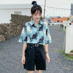 Product ID: JW3526 
 Material: Polyester 
 Color: Blue 
 Size Info: 
 One Size  Bust 100 cm, Length 63 cm, Sleeve 25 cm Casual Blue Collared Top, Blue Collared Tops For Summer, Blue Summer Tops With Collar, Trendy Blue Collar Tops, Casual Light Blue Short Sleeve Blouse, Blue Collared Blouse With Graphic Print, Harajuku Style Short Sleeve Shirt With Anime Print, Blue Harajuku Style Graphic Print Top, Japanese Button Up Shirt