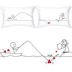 two pillows that have been drawn to look like people in a boat