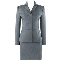 GIVENCHY Couture A/W 1998 ALEXANDER McQUEEN Blue Gray Tailored Blazer Skirt Suit Brand / Manufacturer: Givenchy Collection: A/W 1998 Designer: Alexander McQueen Style: Tailored blazer jacket; tailored sheath skirt Color(s): Shades of blue-gray Lined: Yes Marked Fabric Content: " 92% Wool, 8% cashmere” (shell); "52% acetate, 48% viscose” (lining) Unmarked Fabric Content (feel of): Metal (closures) Additional Details / Inclusions: Gray wool-cashmere blend blazer jacket skirt suit set. Tailored bla Alexander Mcqueen Skirt, Alexander Mcqueen Blue, Suits Outfits, Givenchy Couture, Versace Pink, Sheath Skirt, Skirt Suits, Julien Macdonald, Skirt Suit Set