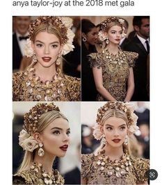 four pictures of the same woman with different hair styles and jewelry on their head, one is