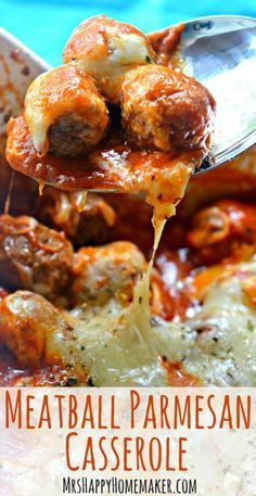 a spoon full of meatballs and cheese being lifted from a casserole dish