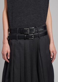 Color: Black Smooth leather Silver tone metal double buckle fastening 100% Leather By The Frankie Shop. Imported Wool Skirt Outfit, Thrift Manifestation, Long Pleated Skirt, Double Belt, Denim Suit, The Frankie Shop, Pleated Long Skirt, Frankie Shop, Paris Woman