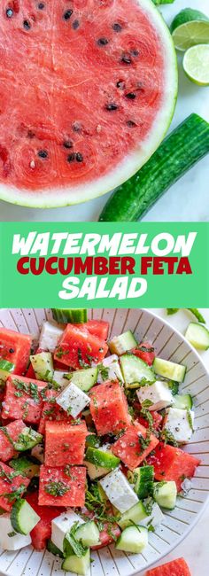 watermelon cucumber feta salad in a bowl and on a plate