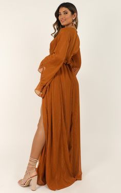 Dangerous Woman Dress In Rust | Showpo Summer Maxi Dress With Sheer Sleeves And V-neck, V-neck Maxi Dress With Sheer Sleeves For Summer, Fall Maxi Dress With Sheer Sleeves, Flowy Maxi Dress With Side Slits For Evening, Sheer Sleeves Maxi Dress For Date Night, Elegant Sheer Maxi Dress As Beach Cover-up, Elegant Sheer Maxi Dress For Beach Cover-up, V-neck Maxi Dress With Side Slits For Fall, Sheer Floor-length Maxi Dress For Date Night