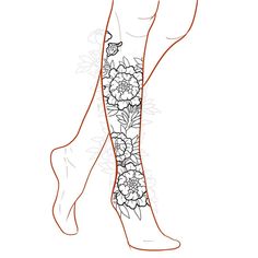 a woman's legs with flowers and butterflies tattoo on the calfs, which are drawn