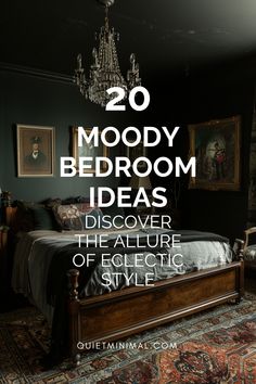 a bedroom with black walls and an ornate chandelier