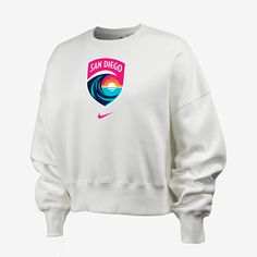 Made with our soft Phoenix Fleece, this San Diego Wave FC sweatshirt helps keep you warm and comfortable all match long. Our midweight brushed fleece feels extra soft on the inside and smooth on the outside, helping you stay cozy while keeping its structured shape. Cozy Crew Neck Sports Top, White Moisture-wicking Long Sleeve Sweatshirt, White Long Sleeve Moisture-wicking Sweatshirt, White Nike Sweats Sportswear, Nike White Sportswear Sweats, Cozy Nike Sports Top, Nike White Fleece Sweats, Cozy Nike Fleece Tops, White Fleece Athleisure Sweater