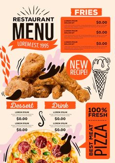 a menu for a restaurant with an image of chicken, pizza and other food items