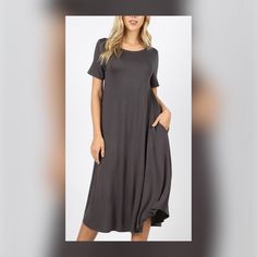 New Gray Shirt Sleeve Soft Dress With Pockets Runs Big So Size Down Casual Flowy Gray Dress, Casual Gray Dress For Day Out, Casual Gray Dresses For Day Out, Casual Flowy Midi Dress With Pockets, Casual Gray Midi Dress, Round Neck Dress, Soft Dress, Gray Shirt, Round Neck Dresses