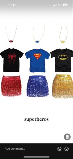 three t - shirts with sequins on them and the words, superheros