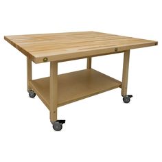 a wooden table with wheels on the bottom and one shelf below it, against a white background