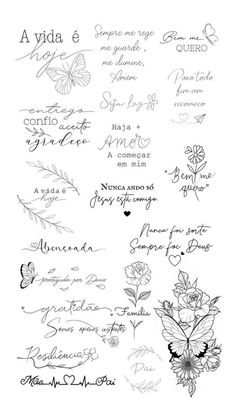 the back side of a sheet of paper with writing on it and flowers in different languages