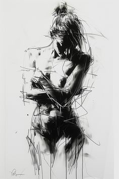 a black and white drawing of a naked woman