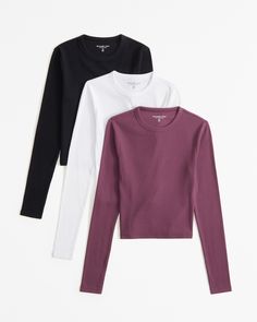 Women's 3-Pack Long-Sleeve Cropped Rib Crew Tops | Women's Tops | Abercrombie.com White Long Sleeve Tee, Layered Long Sleeve, Rib Fabric, Casual Tops For Women, One Shoulder Tops, Suits Coats, Purple Fashion, Business Casual Outfits, Trendy Tops