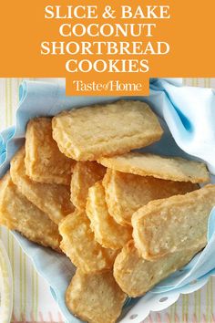 sliced and bake shortbread cookies in a blue bowl on a striped tablecloth