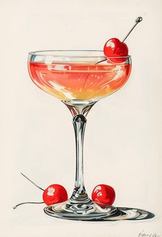 a painting of a martini with cherries on the rim