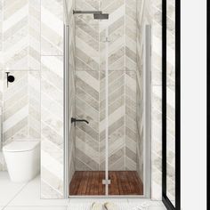 a bathroom with white tile and wood flooring on the walls, along with a walk in shower