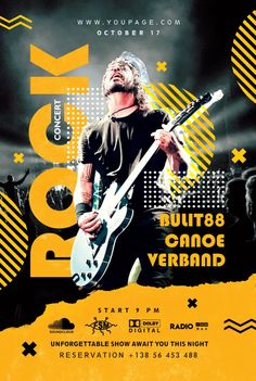 a concert poster with an image of a man holding a guitar in front of him