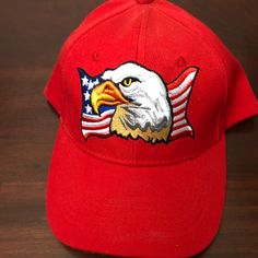 American Eagle Embroidered On Usa Flag Red Adjustable Baseball Cap Nwt Red Patriotic Hat, One Size Fits Most, Red Patriotic Trucker Hat With Curved Brim, Patriotic Red Trucker Hat With Curved Brim, Red Patriotic Baseball Cap With Curved Brim, Patriotic Red Baseball Cap With Curved Brim, Red Embroidered Baseball Cap With Curved Brim, Red Visor Hat With Embroidered Logo, Red Trucker Hat With Embroidered Logo And Curved Brim, Red Hats With Embroidered Logo One Size Fits Most