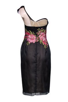 Stand out in style with the Marchesa black one-shoulder floral embroidered dress. This special occasion-ready dress features stunning floral embroidery on a black one-shoulder design. Complete the look with a pink jewel clutch and strappy heels for a glam and unique ensemble. Size 8 Mad in USA Shell 100% Nylon Top 100% Rayon Lining 100% Silk Invisible zipper back Beige mesh back Ruffled one-shoulder Boning in bodice Embroidered floral print Bust 30" Waist 29" Shoulder to hem 44" Off-shoulder Floral Applique Party Dress, Embellished Black One Shoulder Dress, Black Embellished One Shoulder Dress, Fitted One Shoulder Dress With Floral Print For Evening, Chic Floral Embroidered Evening Dress, Black Embellished Dress With Asymmetrical Neckline, Chic Embroidered Dress With Floral Design For Evening, Embroidered Evening Dress For Spring, One-shoulder Floral Print Evening Dress