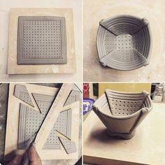 four pictures showing how to make a perfored cake pan with holes in it