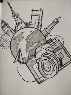 a drawing of a camera and some buildings on top of each other with the earth in front of them