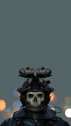 a skull wearing a helmet with lights in the background