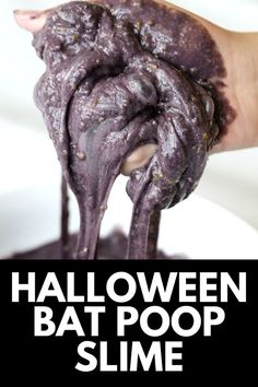 someone is dipping some kind of substance into a bowl with the words halloween bat poop slime on it