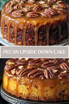 pecan upside down cake with caramel drizzle and pecans on top