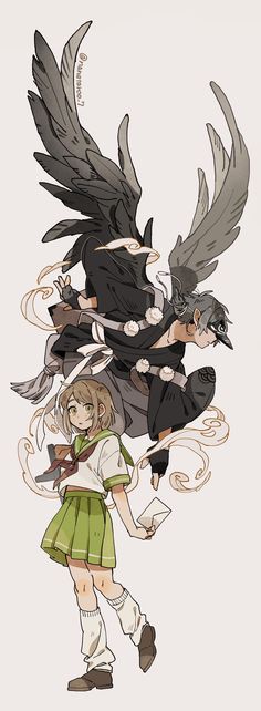 an anime character with two large black birds on her back