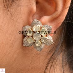 Sparkling Polki Diamond Flower Earrings, Pave Diamond Earrings, 925 Silver Stud Earrings, Gold Plated Jewelry, Diamond Flower Jewelry, Gifts Gross Weight: 11.36 gram Stone: Polki Diamond, Pave Diamond Earrings Size: 25X25 MM NOTE:- All The Products Are Designed And Manufactured In My Workshop By Me & My Team. Shown Products Are Purely Handmade. Custom Orders Are Open Handly Accepted. We Are Perfect Choice For Any Custom Jewelry Manufacturing. For Bulk Orders Please Message me. Visit My Store Hallmarked Flower-shaped Wedding Earrings, Anniversary Hallmarked Flower-shaped Earrings, Silver Flower Gemstone Earrings, Flower Shaped Hallmarked Earrings For Anniversary, Flower-shaped Hallmarked Earrings For Anniversary, White Gold Flower Shaped Earrings With Gemstones, Wedding Earrings With Gemstone In Flower Shape, Silver Gemstone Flower Earrings, Flower Shaped Gemstone Earrings For Wedding