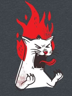 a white cat with red flames on it's head