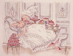 a drawing of a woman sitting in a chair with cakes on the table