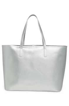 A metallic finish adds bold shine to a spacious tote bag shaped from grained leather. 16.14" x 11.4" x 7.4" Structured silhouette with flat base for stability Leather Imported Shopper Tote, Kurt Geiger, Nordstrom Rack, Nordstrom, London, Tote Bag, Leather, Silver