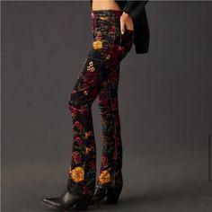 New With Tags Attached Anthropologie Pilcro Mid-Rise Velvet Skinny Jeans Size 25 Gorgeous Pants, Fit Like A Glove.. Some Stretch To It Black Motif Waist 13.5" Inseam 28" Length 37" Measured Side To Side, Flat Stretch Floral Print Pants For Fall, Fitted Floral Print Pants, Fitted Floral Print Long Pants, Fitted Floral Print Full-length Pants, Fitted Floral Print Full Length Pants, Red Floral Print Bottoms For Fall, Fitted High Waist Floral Print Pants, Fitted Floral Print Pants For Fall, Floral Print Full-length Pants For Fall