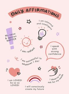 a pink poster with different things on it and the words daily affirmmations